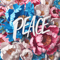 Illustration with inscription Peace. Lettering on a beautiful background with blue and pink flowers, leaves. is ideal for wallpapers, posters, cards, prints on covers, phone cases, bags