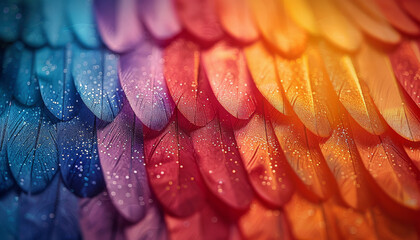 A detailed view of a bright feather displaying a spectrum of rainbow colors