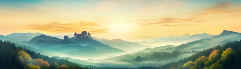 Gordijnen A painting depicting a mountain landscape under a setting sun © MastersedZ