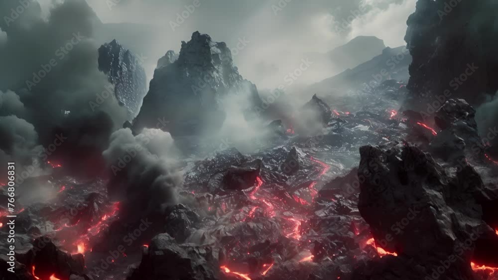 Poster the team carefully navigates a treacherous path along the smoldering base of the volcano surrounded 