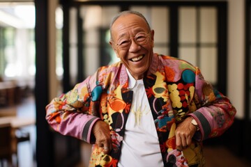Portrait of a senior Asian man laughing in the retirement home. - obrazy, fototapety, plakaty