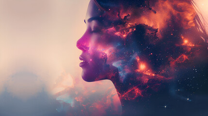 Abstract silhouette of a face, animation of the movement of light Futuristic woman with a glowing brain symbol, surrounded by abstract lights, AI generated, Generative Ai