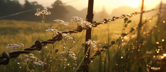 A barbed wire fence is engulfed by tall grass, vibrant flowers, and the warm hues of the setting sun in a vast field, creating a beautiful natural landscape - Powered by Adobe