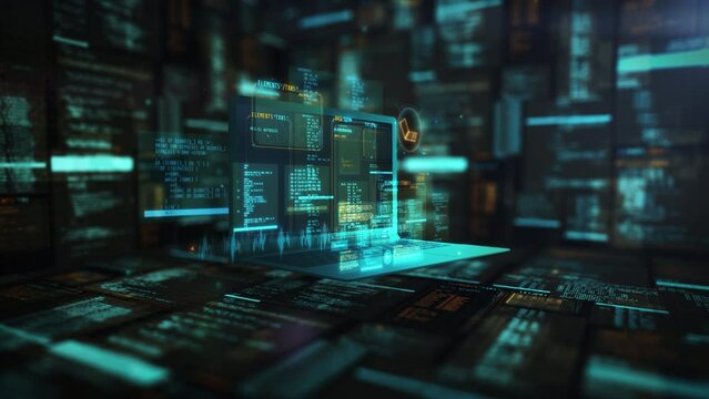 Animation of a laptop with code in virtual space.