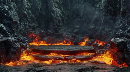 3D Scene Stone Floor fire lava podium rock volcano background product magma display