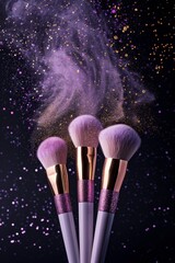 Elegant purple makeup brushes with glitter. Elegant makeup brushes with a cloud of purple glitter, showcasing style and sophistication in beauty accessories