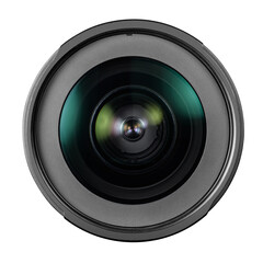 Front close-up shot of a camera lens with light reflections on the glass elements isolated. Transparent PNG image.
