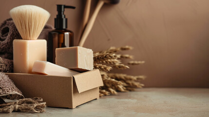 Putting soap and makeup in a carton box on a brown backdrop.