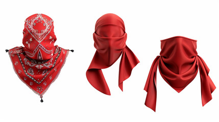 **Realistic 3D accessory illustrations collection with a red bandana. Isolated on a white background are cowboy and biker clothing meant to shield their faces. stylish silk forehead.