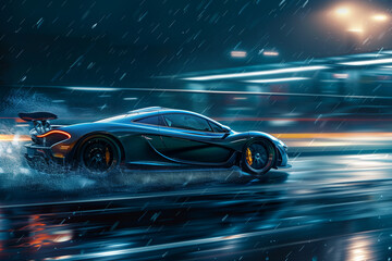 Blue car driving on the road in the rain. 3d rendering