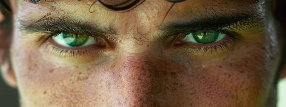 man with green eyes closeup detail to his face showing both iris portrait of male person with human eyes and facial expression