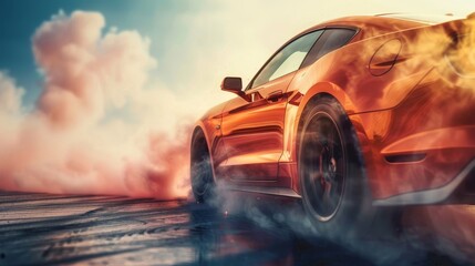 Sports car performing burnout or drifting on racing track with smoke and heat