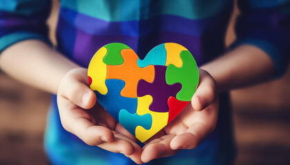 A person is holding a puzzle piece heart