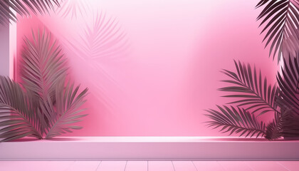A pink wall with a large circle in the middle and a palm tree on the right