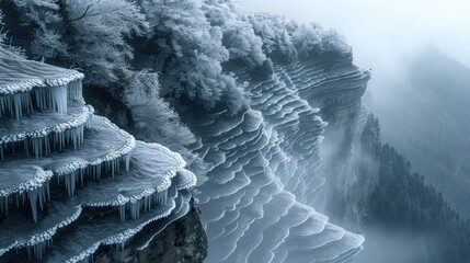 Frozen Cliffside with Icicle Formations A stunning cliffside covered in white frost and icicle formations, enveloped by a mystical fog. - obrazy, fototapety, plakaty