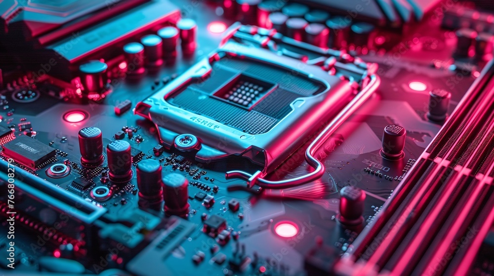 Poster neon lit computer component motherboard in blue and red light dark photo with copy space technology 