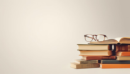Stack of books on white background and glasses