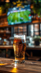 Refreshing glass of beer on a wooden bar surface with a blurred soccer match on a television screen in the background