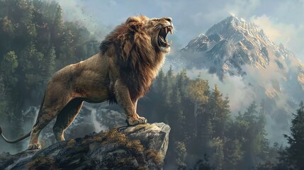 wild and fierce lion roaring on a mountain peak in the forest closeup shot capturing its strength and majesty in the natural landscape
