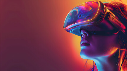 Woman with VR headset exploring the met averse Cheerful stylish female in vr headset stretching out arms and smiling while dancing in cyberspace against purple background, Generative Ai - obrazy, fototapety, plakaty