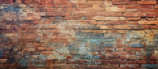 A detailed view of a brick wall showing signs of age and wear, with remnants of faded paint on the...