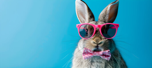 Funny Easter bunny with pink sunglasses and bow tie, isolated on blue background - ideal for holiday greeting cards and celebration concepts.