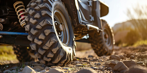 Close-up view of quad bike rear wheel on rocky road