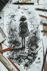 Girl walking on a messy path of books and papers education challenges learning obstacles artistic concept determination