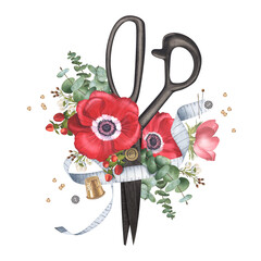 Scissors, measuring tape, thimble, needles, buttons with anemones and greens. Sewing tools with red flowers. Watercolor illustration. Isolated elements for the design of cards, invitations, banners.