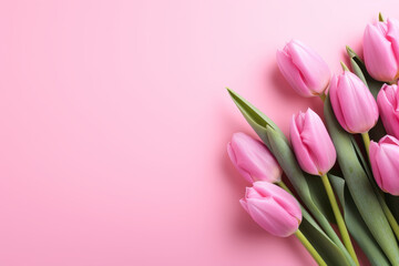A bouquet of pink tulips set against a soft pink background