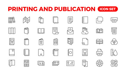 Printing & Publication icon set. Flyer Brochure line icon set. letterhead, booklet, leaflet, corporate catalog, and envelope icon set. Outline iconcollection.