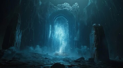 Glowing portal stands in the center of a dark