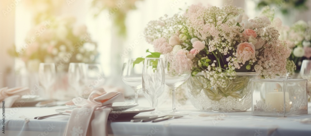 Canvas Prints a table set for a wedding reception with a vase of flowers on it . High quality