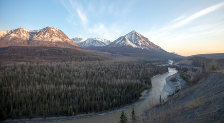 Matanuska River flowing  past Chugach Mountains near Palmer Alaska United States - obrazy, fototapety, plakaty