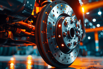 Car brake disc and brake pads on the car. Auto service industry. - obrazy, fototapety, plakaty