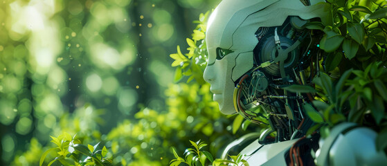 A robot is standing in a lush green forest, concept of a brighter ecological future - obrazy, fototapety, plakaty