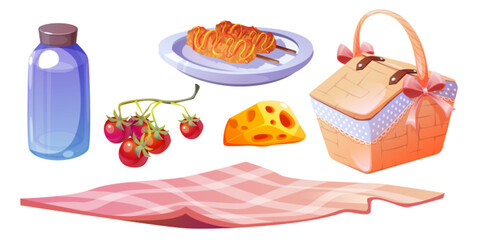 Cute picnic set with wicker basket, food and blanket. Cartoon vector illustration set of outdoor city park dinner eating and snacks - bottle with drink, cheese and tomato, plate with hot dog on stick.