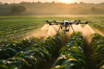 A large field of crops being sprayed with a sprayer to protect them from pests and diseases - obrazy, fototapety, plakaty