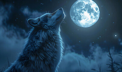 Majestic lone wolf howling under the moonlight in a snowy forest - obrazy, fototapety, plakaty