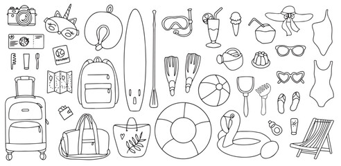 Hand drawn set of summer holiday elements, luggage, swimwear and beach accessories. Travel element drawn in doodle style. Illustration for banner, background, badge, logo design. Vector