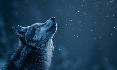 Majestic lone wolf howling under the moonlight in a snowy forest