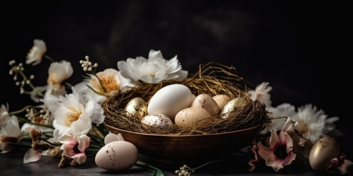 Easter Eggs in a Nest and Flowers on a dark background. Easter composition, still life. Happy Easter concept