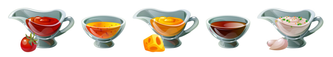 Dip sauce in glass bowl with ingredients. Cartoon vector illustration set of food seasoning and spicy condiment - ketchup or bbq with tomato, mayonnaise with garlic, cheese and soy gravy, mustard.