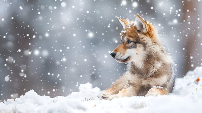 Cute wolf babypuppy playing in Australian Shepherd puppy playing in the snow Cross Fox Little husky puppy in winter park Portrait of dog standing on snow covered field,Poland, Generative Ai