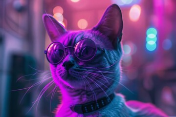 Portrait of tabby cat in purple glasses. Close up portrait of a cool tabby cat wears purple sunglasses, defocused abstract background