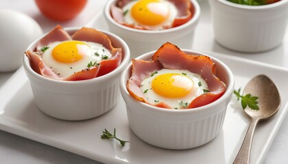 Baked eggs with ham and tomato in small ramekin