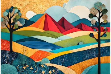 Fototapeta na wymiar Paper landscape ,paper craft or origami style background illustration vivid colors