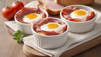 Baked eggs with ham and tomato in small ramekin