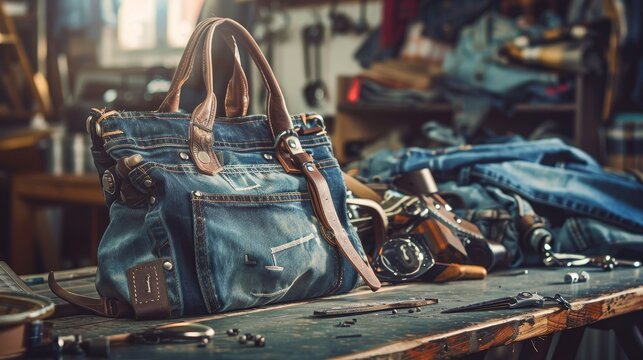 Handbag made from old jeans on dressmaker table. DIY, 