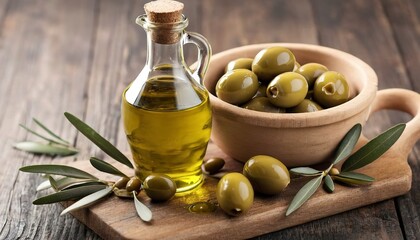 bottle of olive oil and fresh olive in a container on wooden table - obrazy, fototapety, plakaty